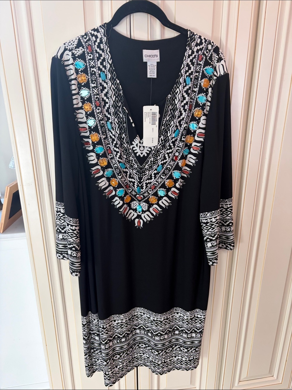 BNWT Chico's Black V Neck Native Rhythm dress with embellished gems- size 3